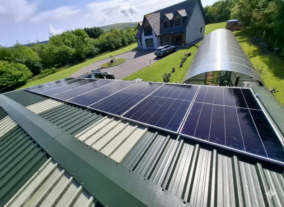 Solar panels fitted on a house roof, seen from above