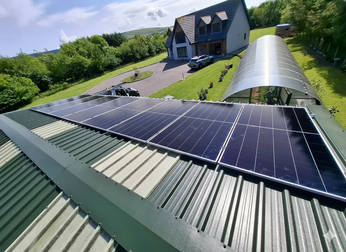 Solar panels fitted on a house roof, seen from above